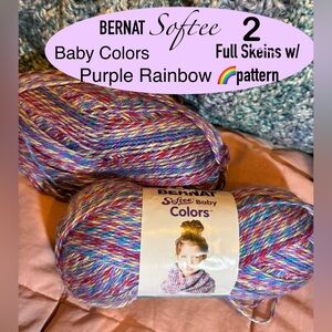 NEW🔥2-BERNAT Softee Yarn w/ crochet pattern🧶2 Skeins Purple Rainbow 💜🌈 So Soft💜